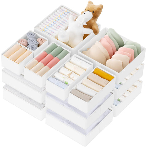 Criusia drawer organizer system showcases three sizes for versatile closet storage.