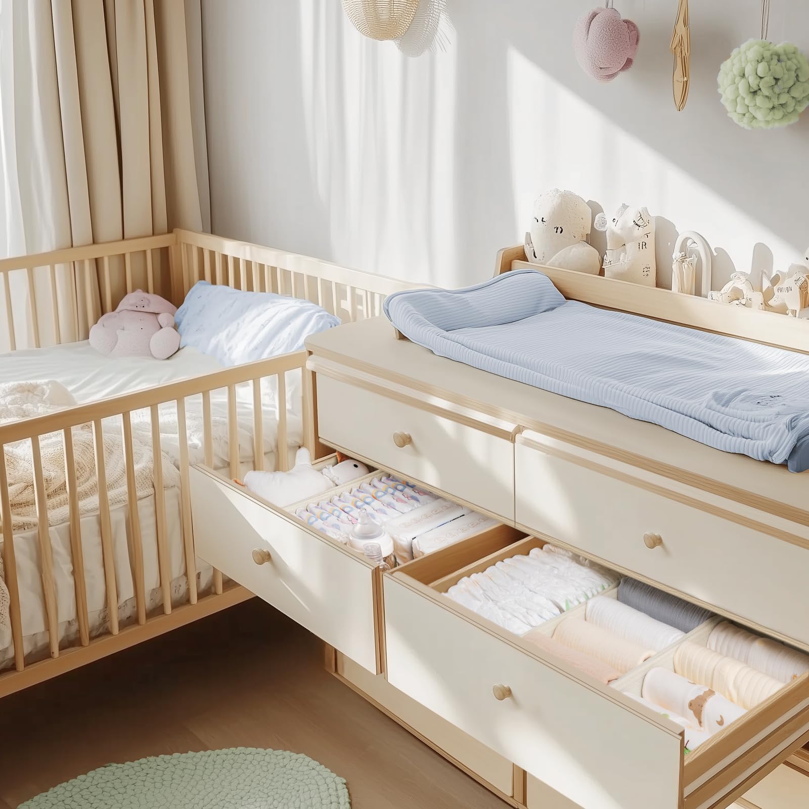 Criusia beige organizers fit bedrooms, living rooms, and offices.