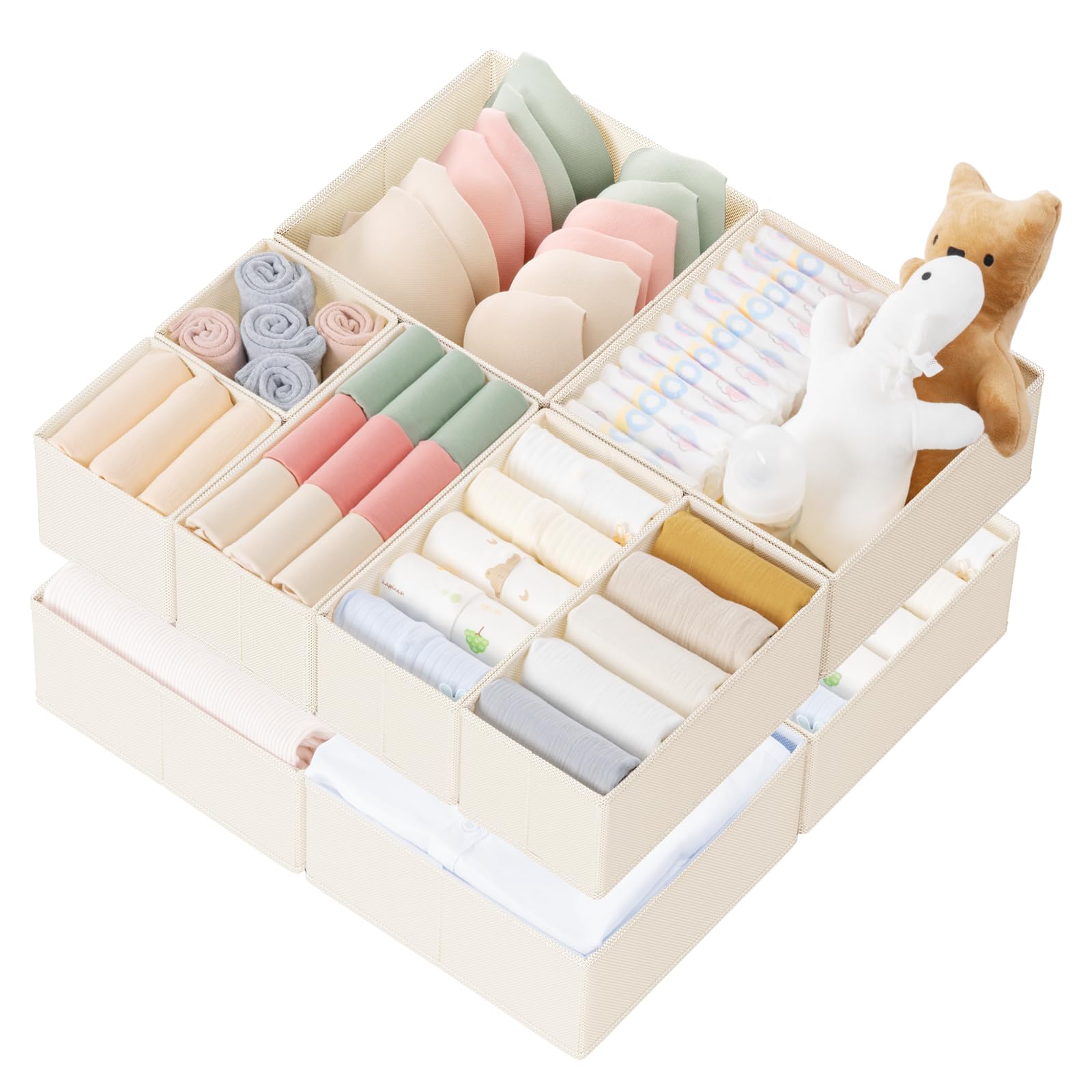 Criusia beige large drawer organizers in a 4-pack for tidy clothing storage.