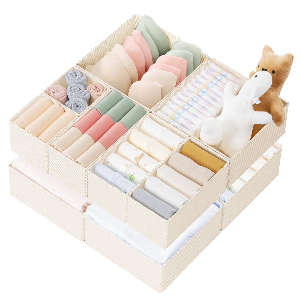 Criusia beige large drawer organizers in a 4-pack for tidy clothing storage.
