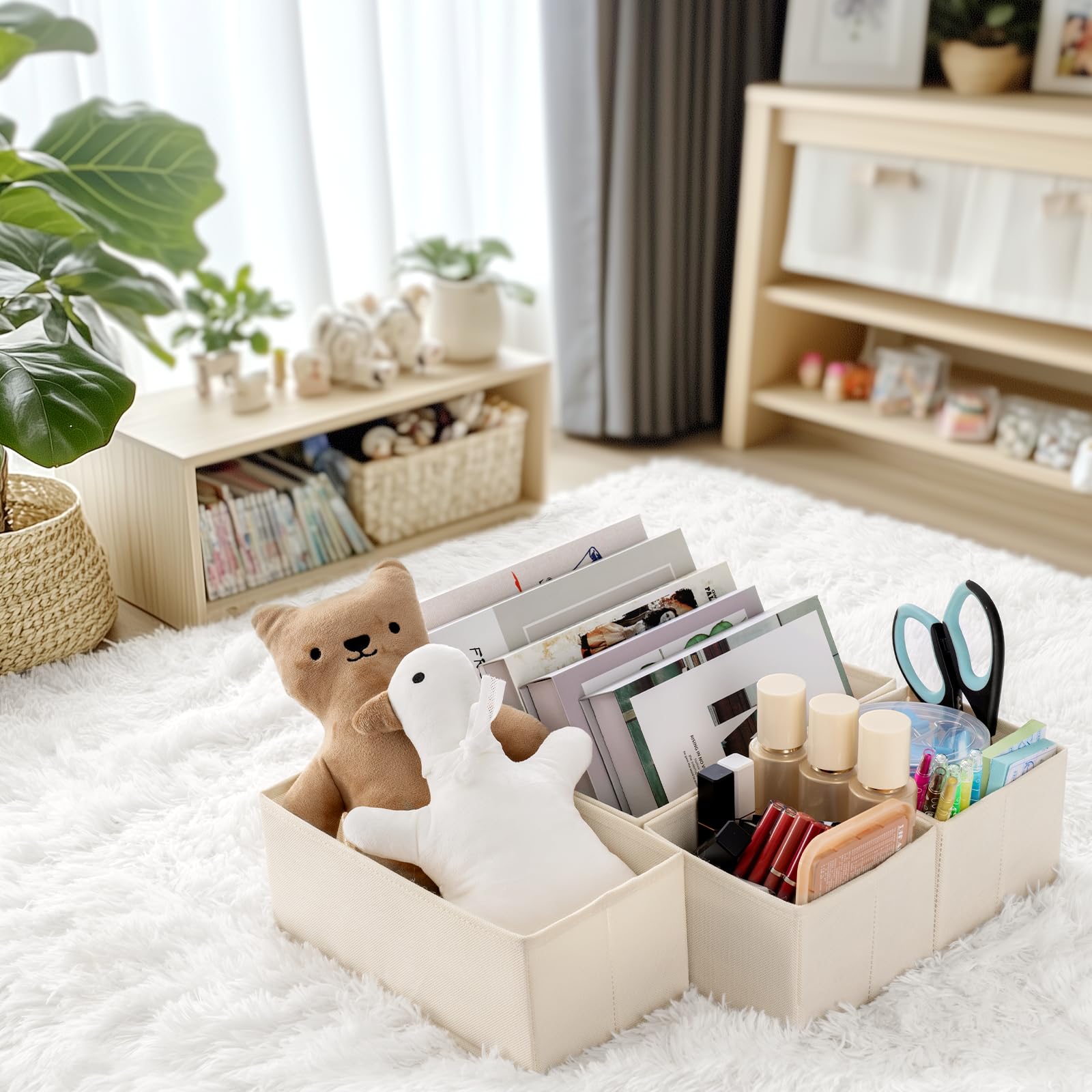 Criusia beige organizers help keep spaces neat and accessible.