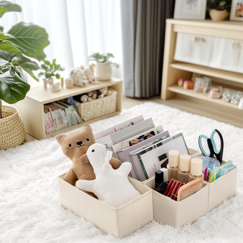 Criusia beige organizers help keep spaces neat and accessible.