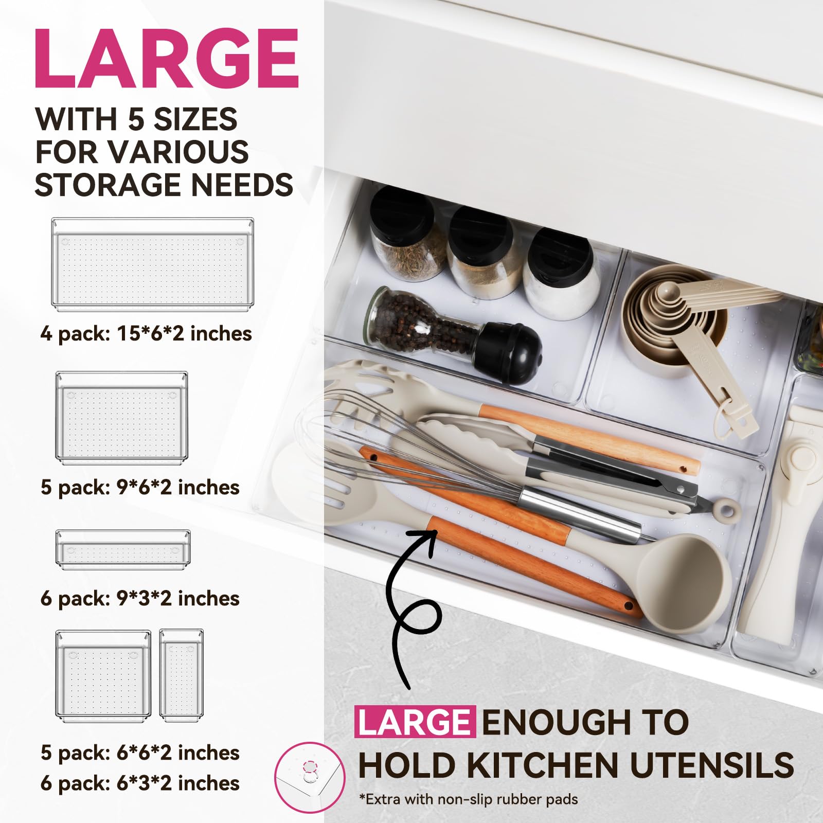 Criusia-drawer-trays-9x6x2 keep utensils and cosmetics organized in clear plastic.