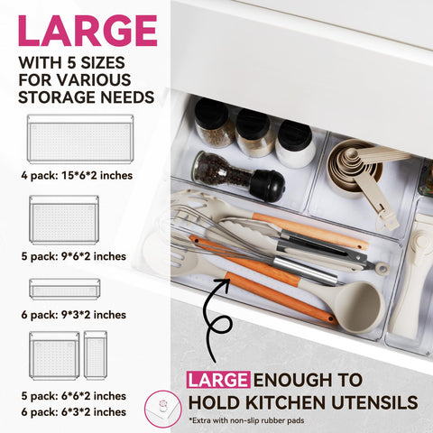 Criusia-drawer-trays-9x6x2 keep utensils and cosmetics organized in clear plastic.