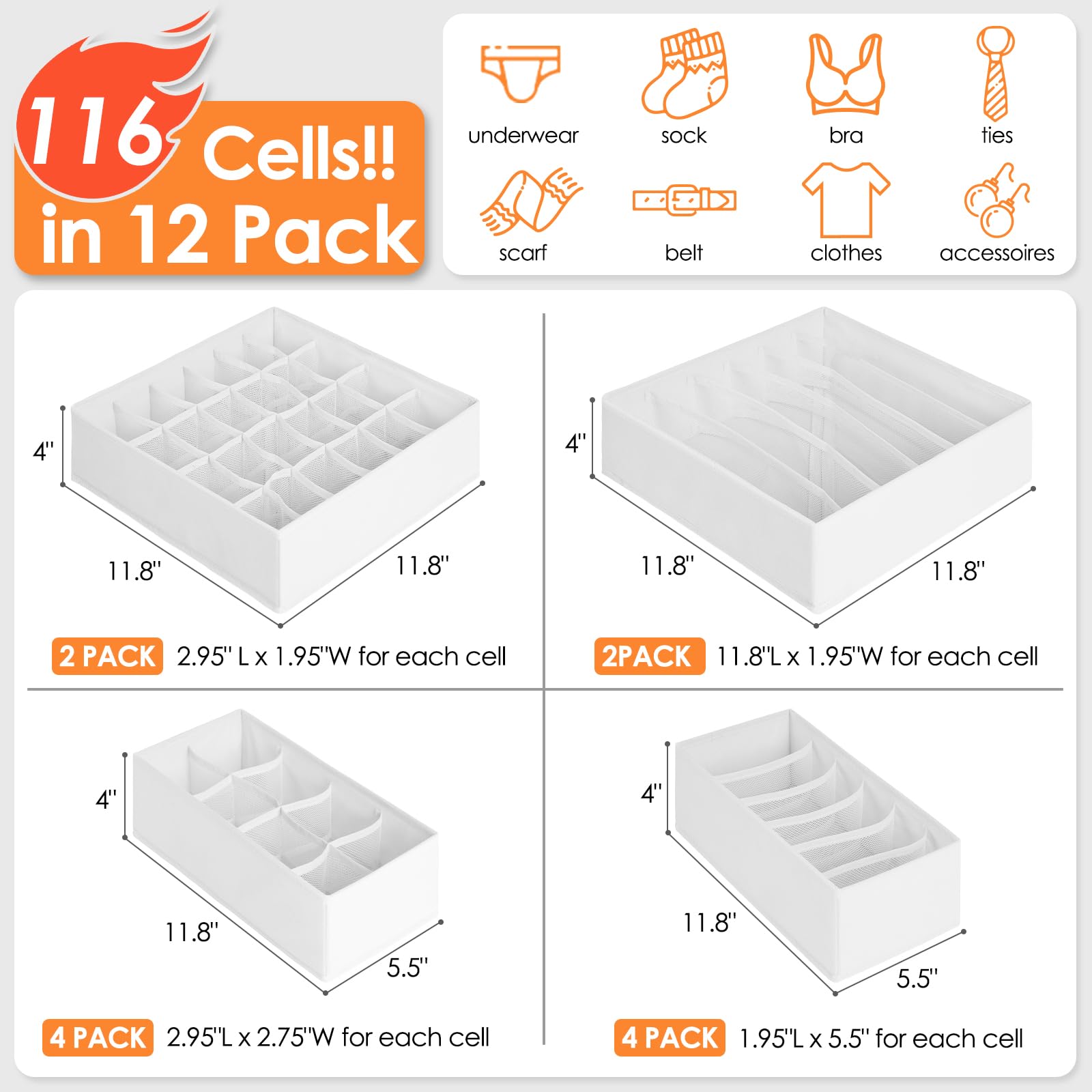 Criusia drawer organizers, 4-inch high, fit most dressers for tidy drawers.