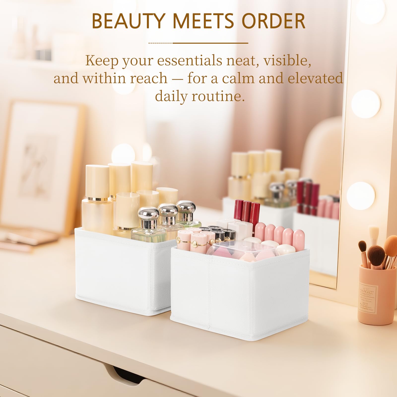 Criusia dresser drawer organization example showcasing three-bin setup.