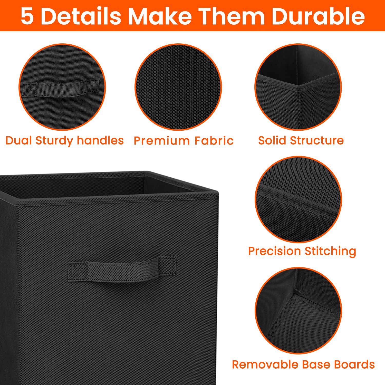 Criusia fabric storage bin reinforced with cardboard for rigid shape.