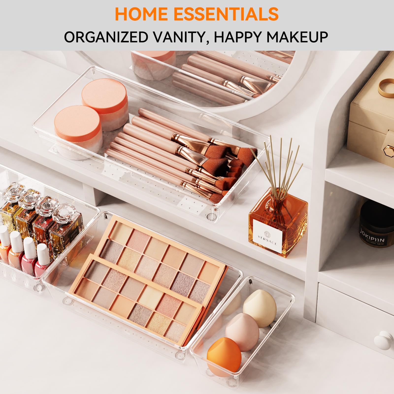 Criusia L-size drawer organizer shown in a drawer for larger utensils and cosmetics.