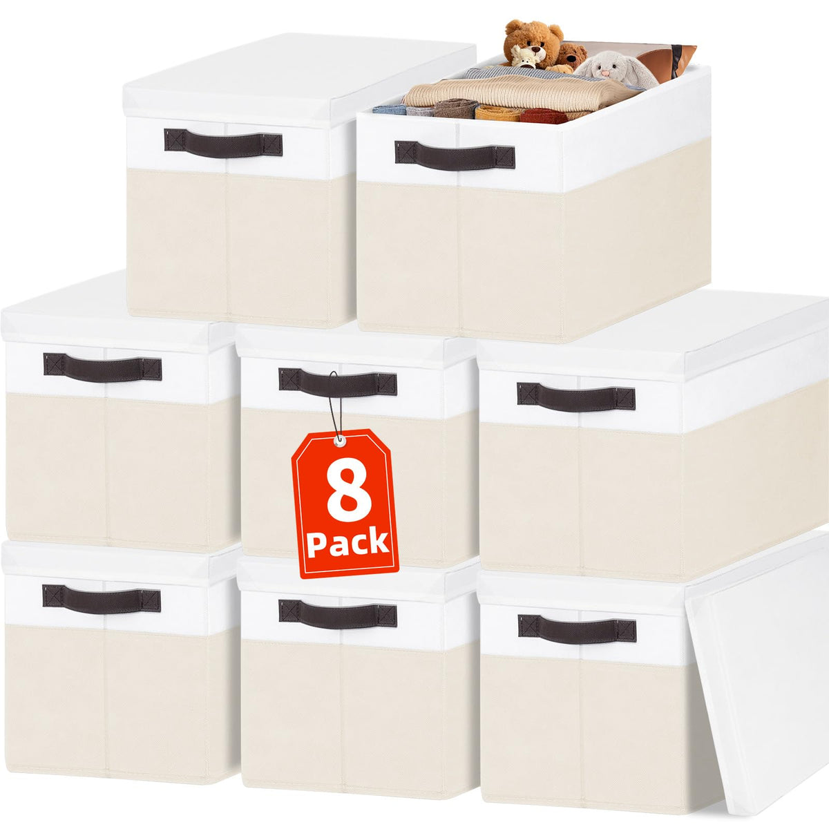 Criusia large closet bin with lids stacked on shelf for neat storage.