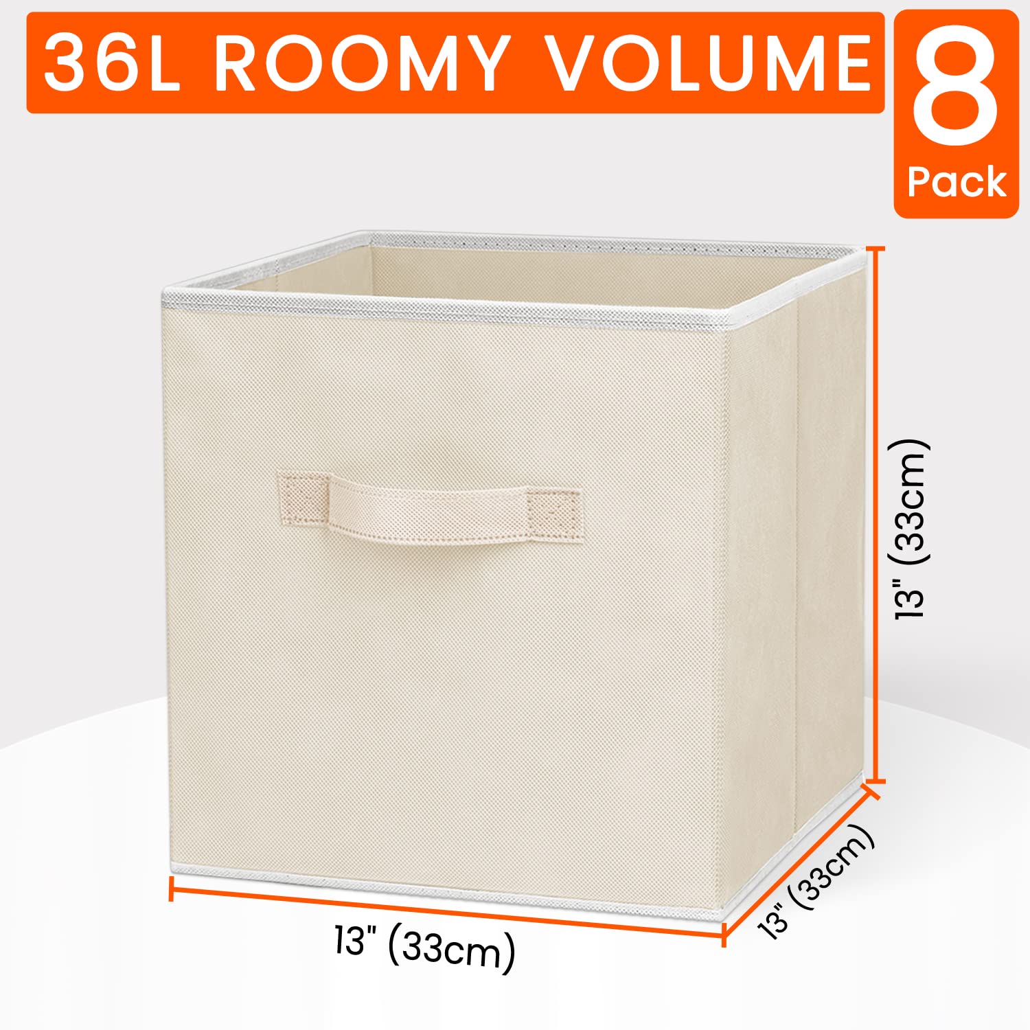 Criusia beige storage cubes neatly sit on a shelf for tidy storage.