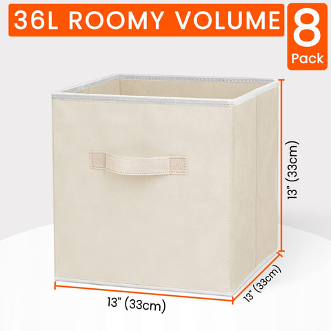 Criusia beige storage cubes neatly sit on a shelf for tidy storage.