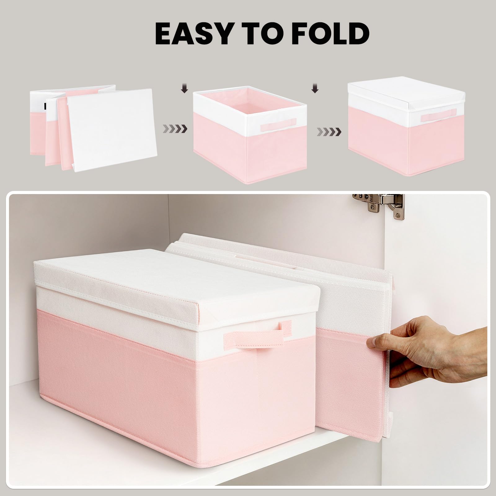 Criusia pink storage bin with lid enhances dorm decor.