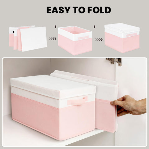 Criusia pink storage bin with lid enhances dorm decor.