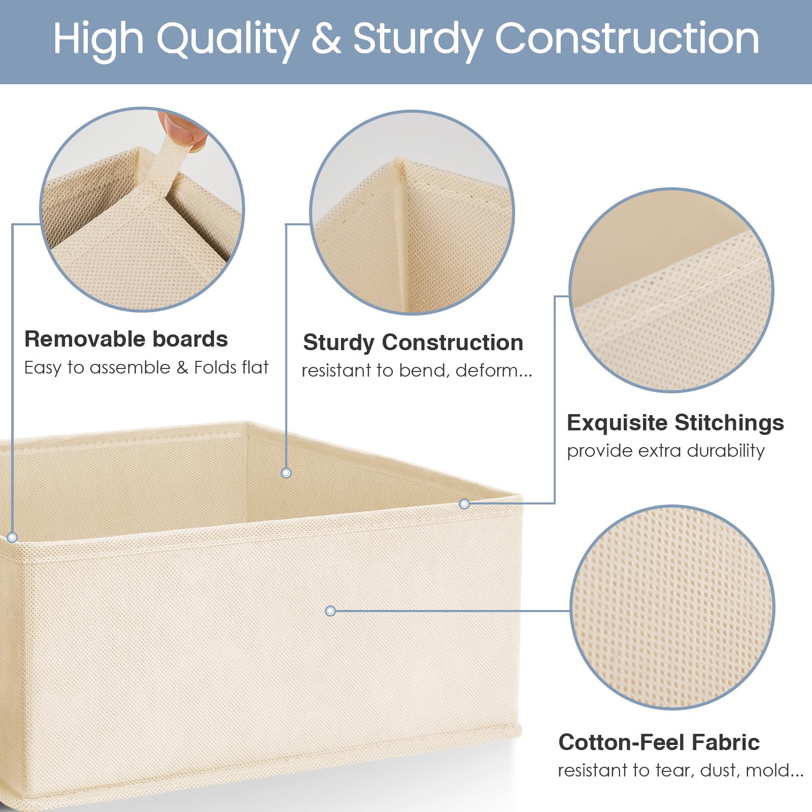 Criusia rectangle storage bin with cardboard backing fits shirts and accessories.