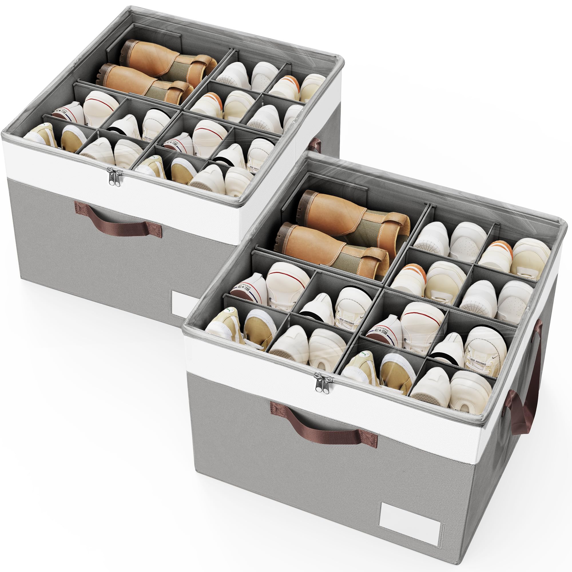 Criusia high-capacity shoe organizer top view with clear cover for dust-free storage