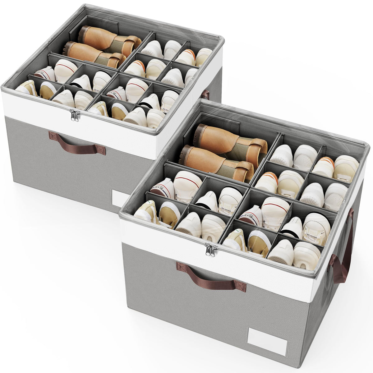 Criusia high-capacity shoe organizer top view with clear cover for dust-free storage