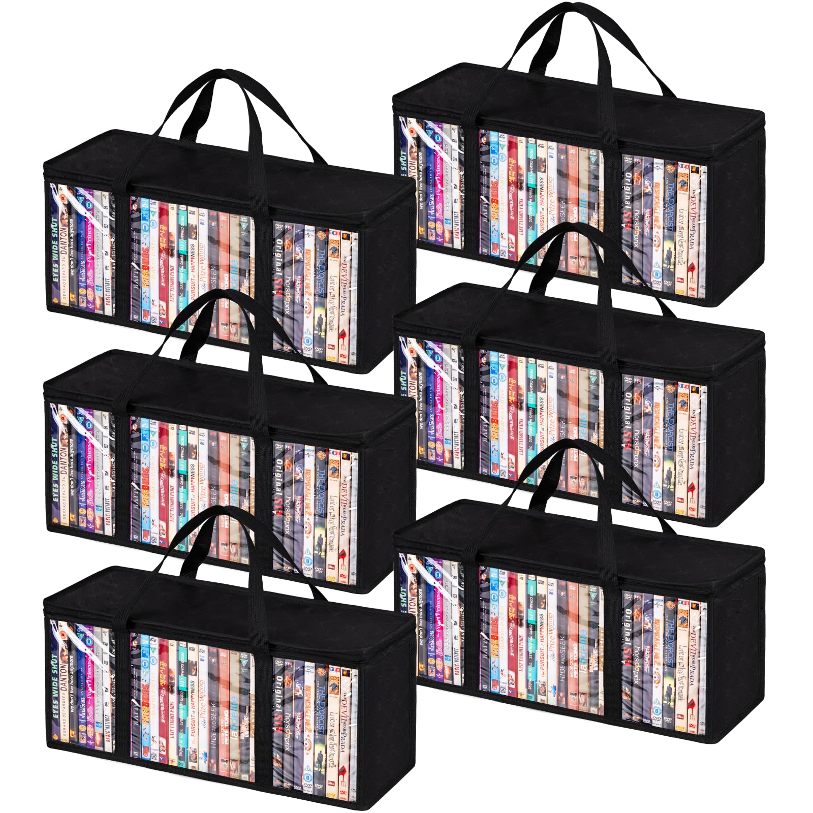 Criusia six-pack DVD storage bags show organized space for a large movie library