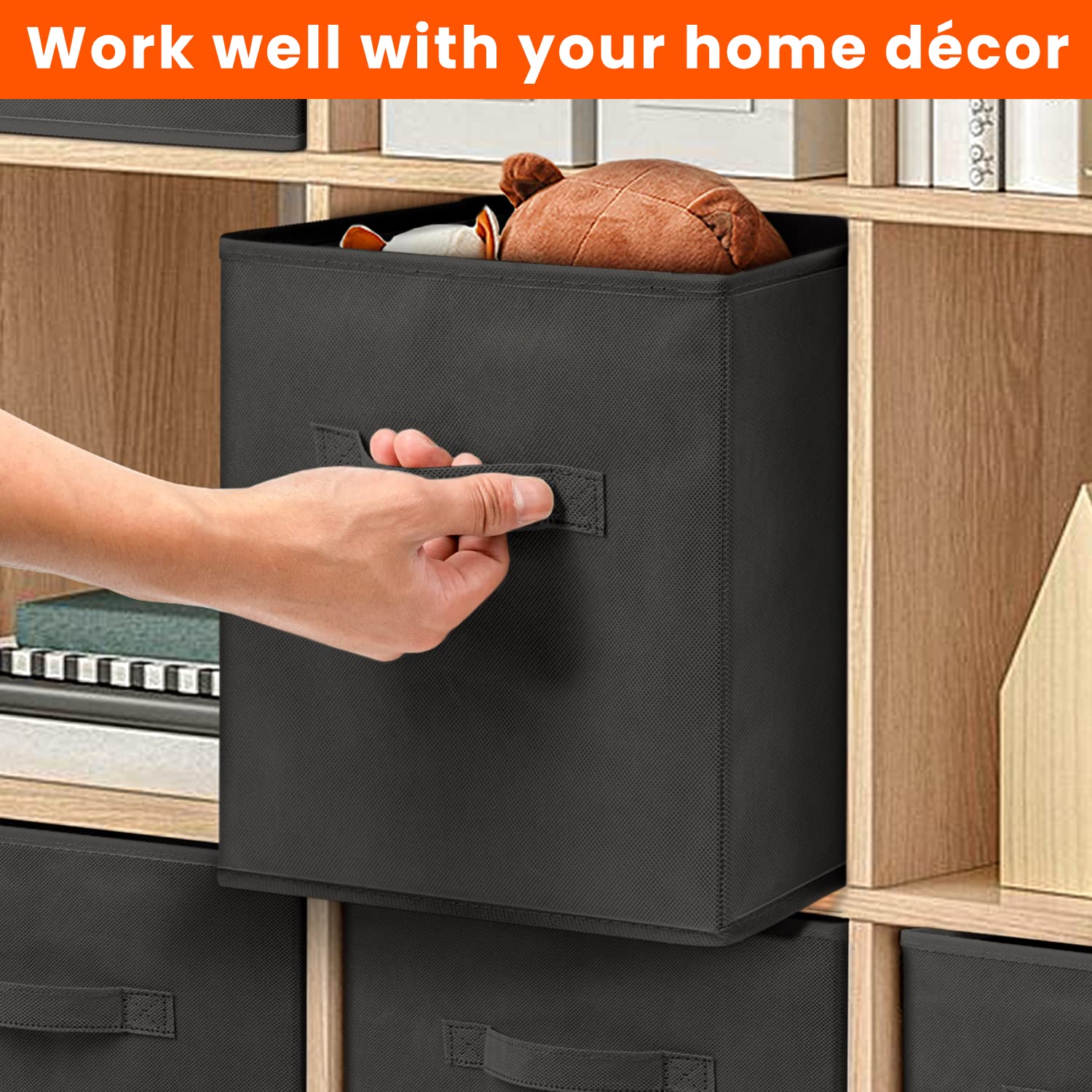 Criusia square storage bin fits closet shelves for organized clothing.