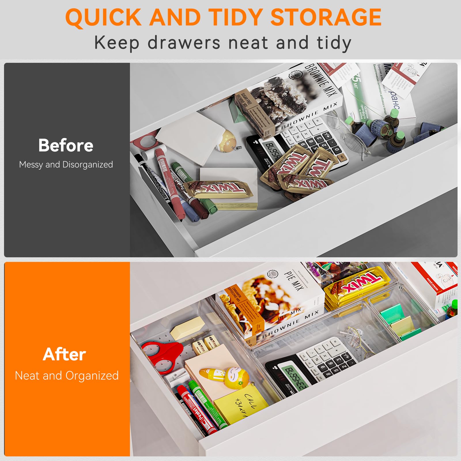 Criusia stackable design maximizes space in drawers and cabinets.