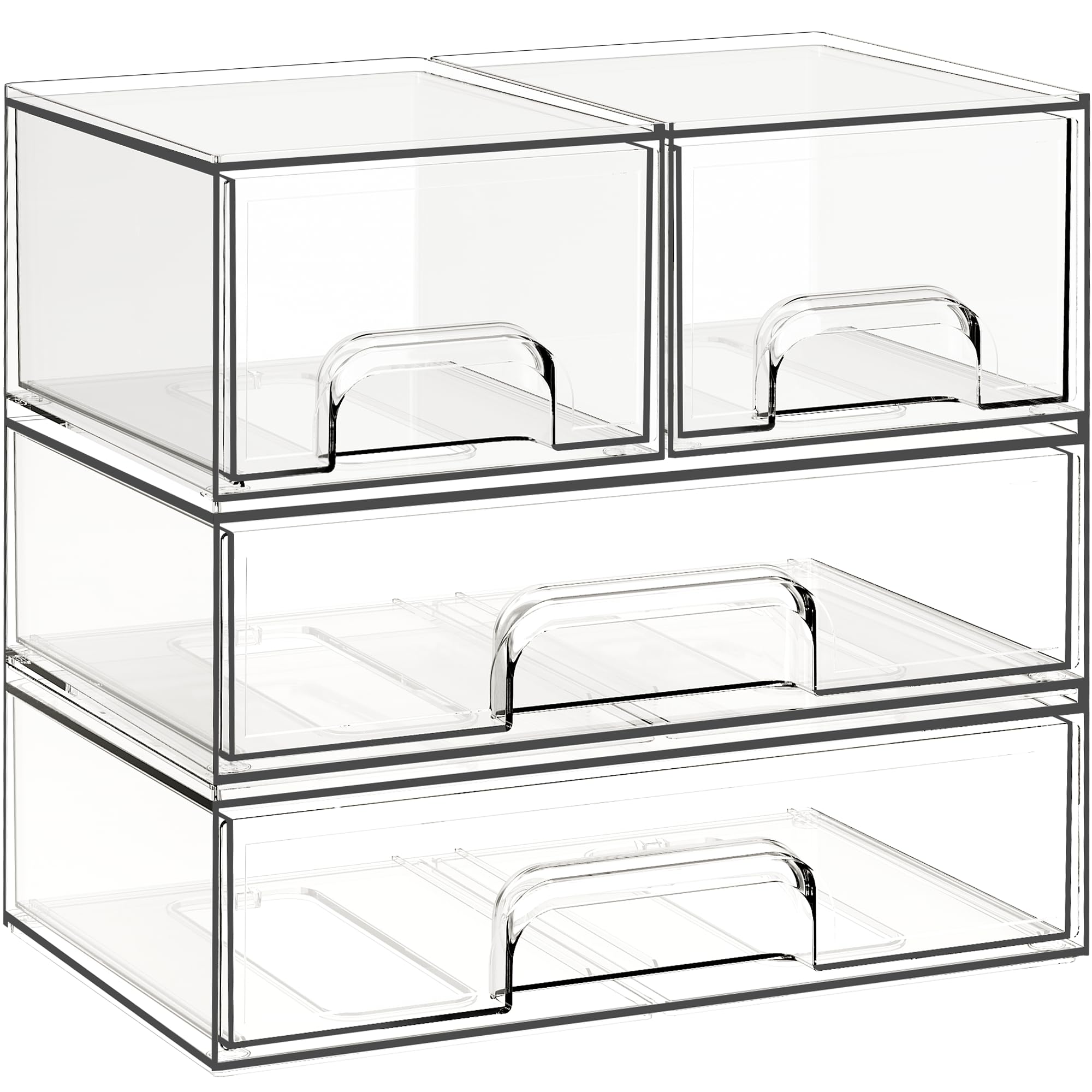 Criusia stackable drawers 4-pack on countertop, organized makeup and bathroom items clearly visible