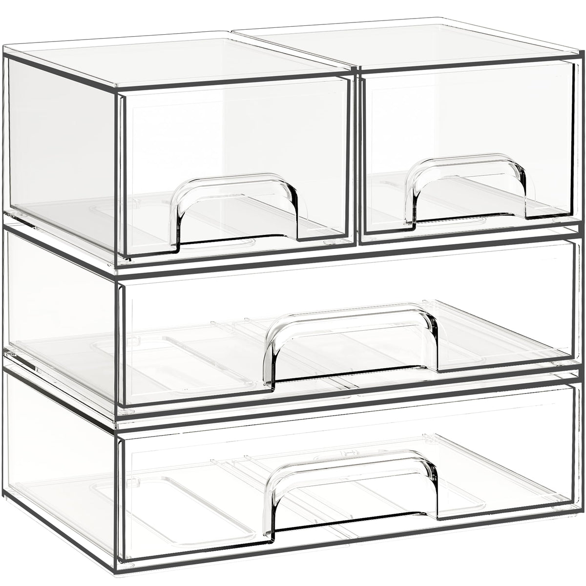 Criusia stackable drawers 4-pack on countertop, organized makeup and bathroom items clearly visible