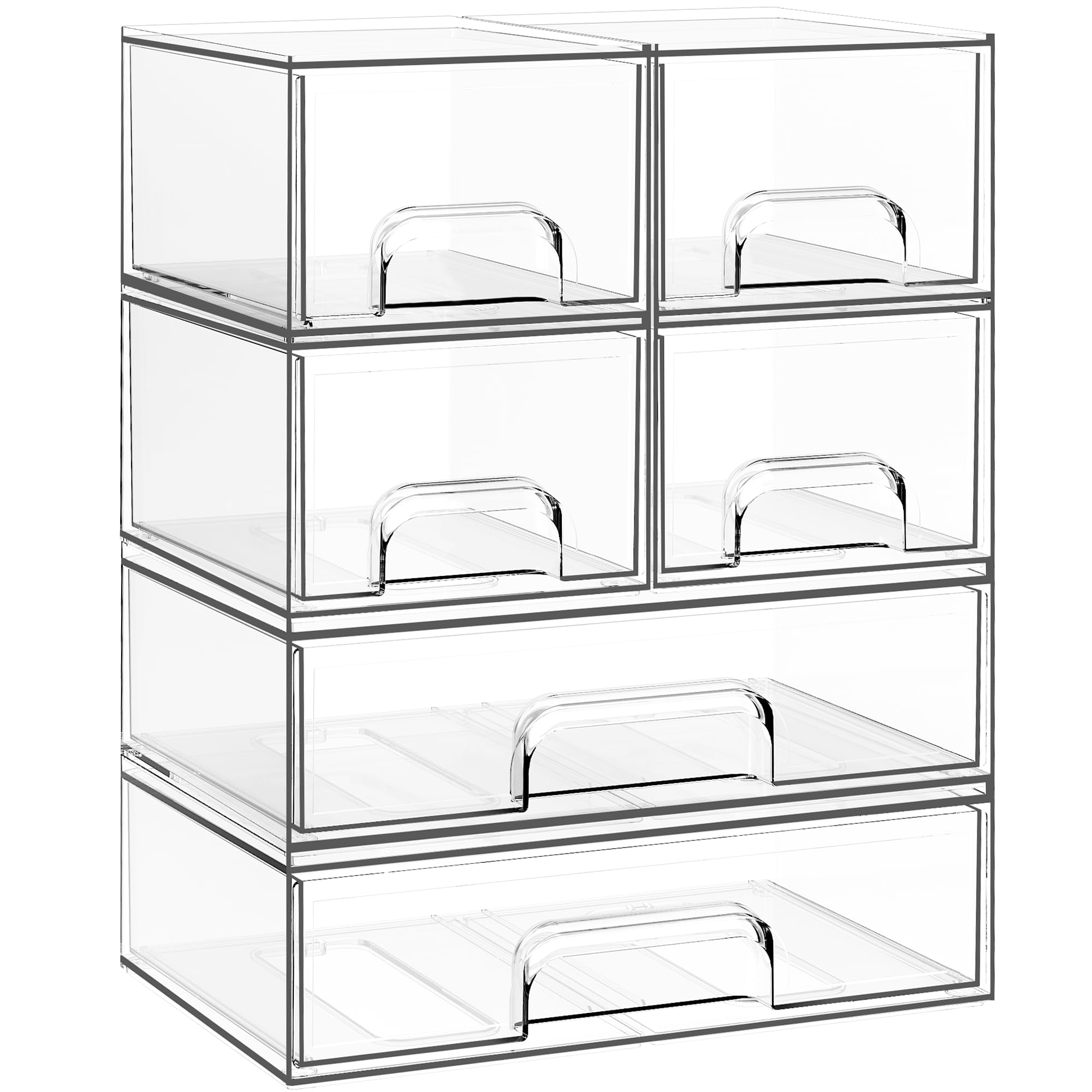 Criusia stackable drawers with interlocking design for tidy cosmetics and office supplies.