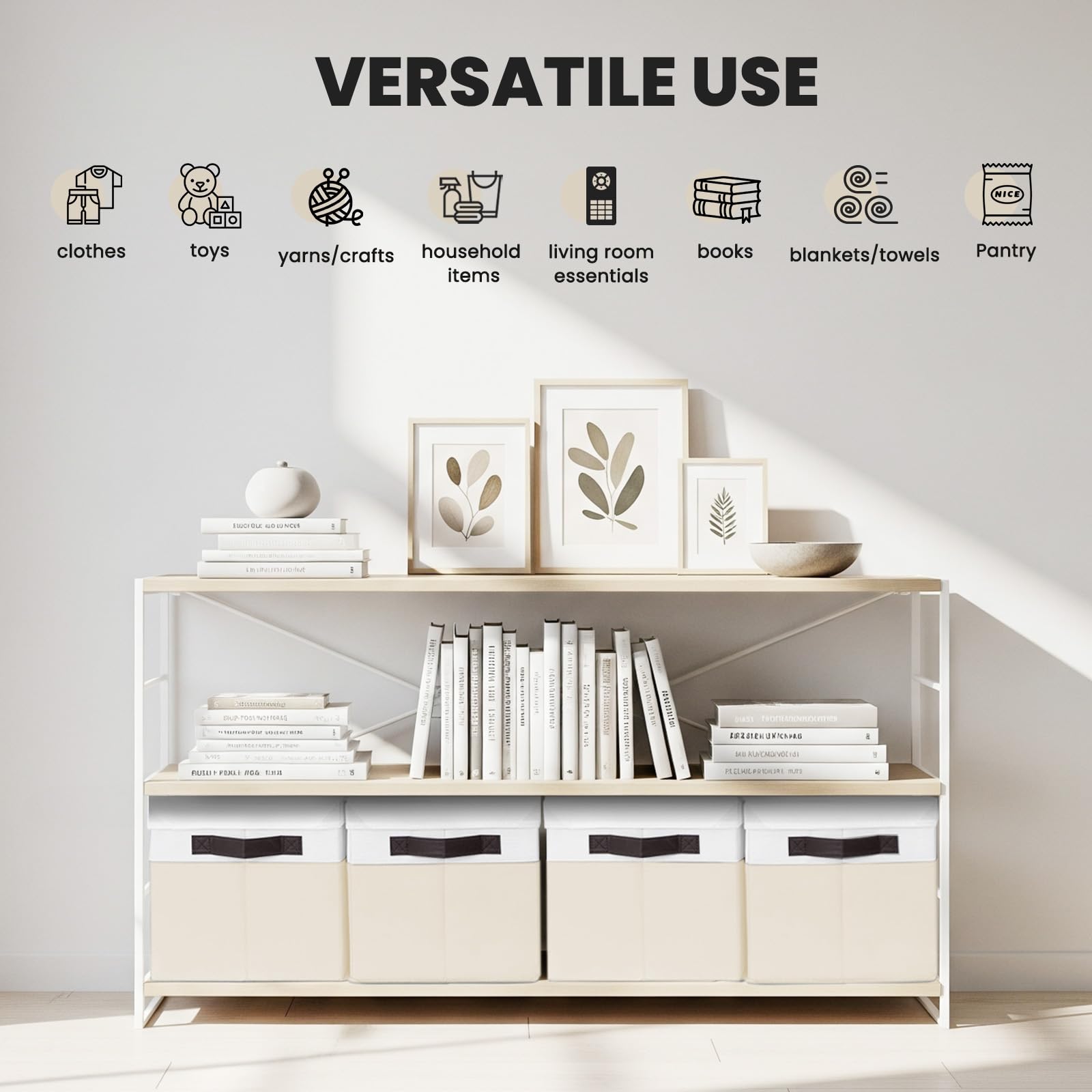 Criusia storage bins organize blankets towels and toys in nursery or playroom.