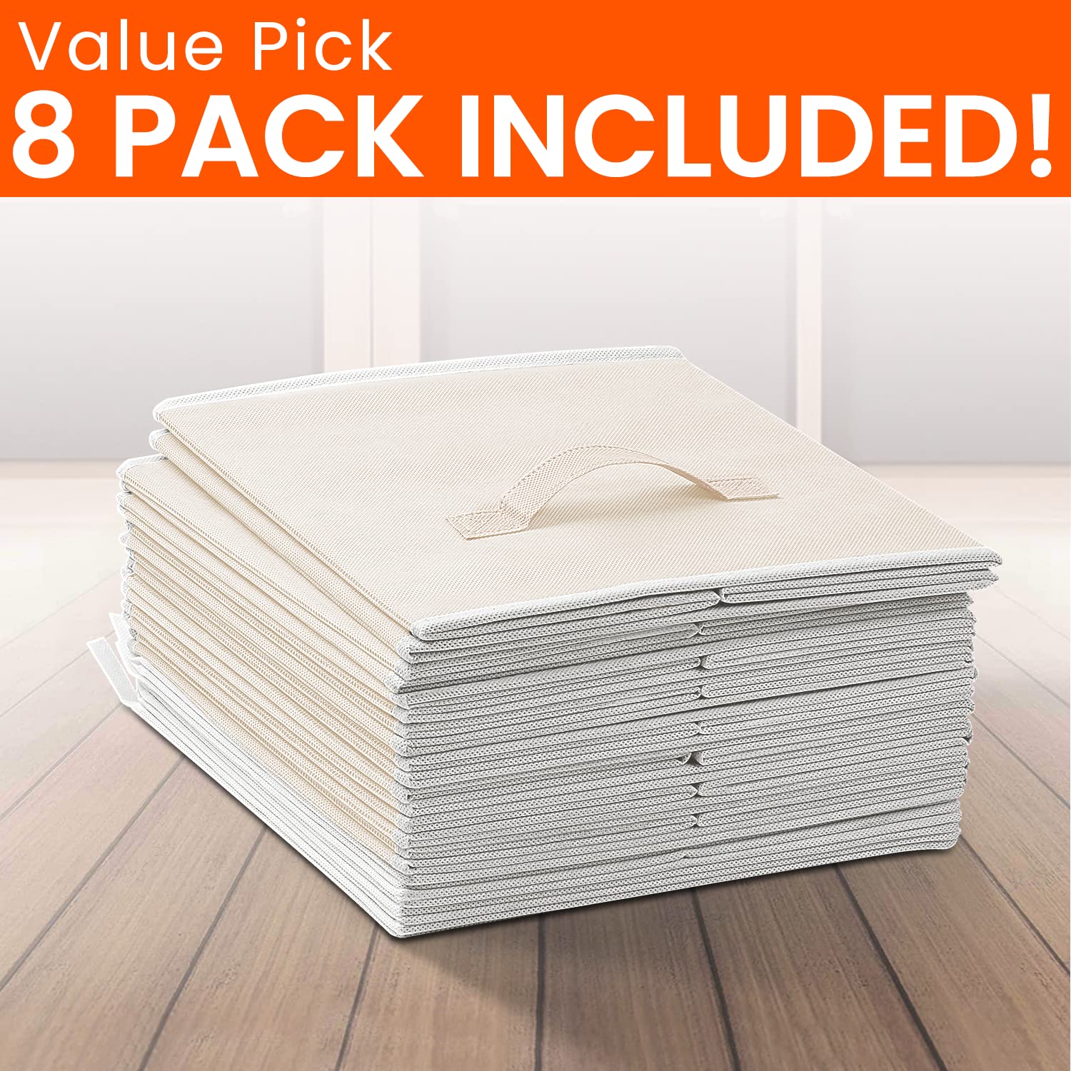 Criusia Storage Cubes beige product pack eight used for clothes and toys.