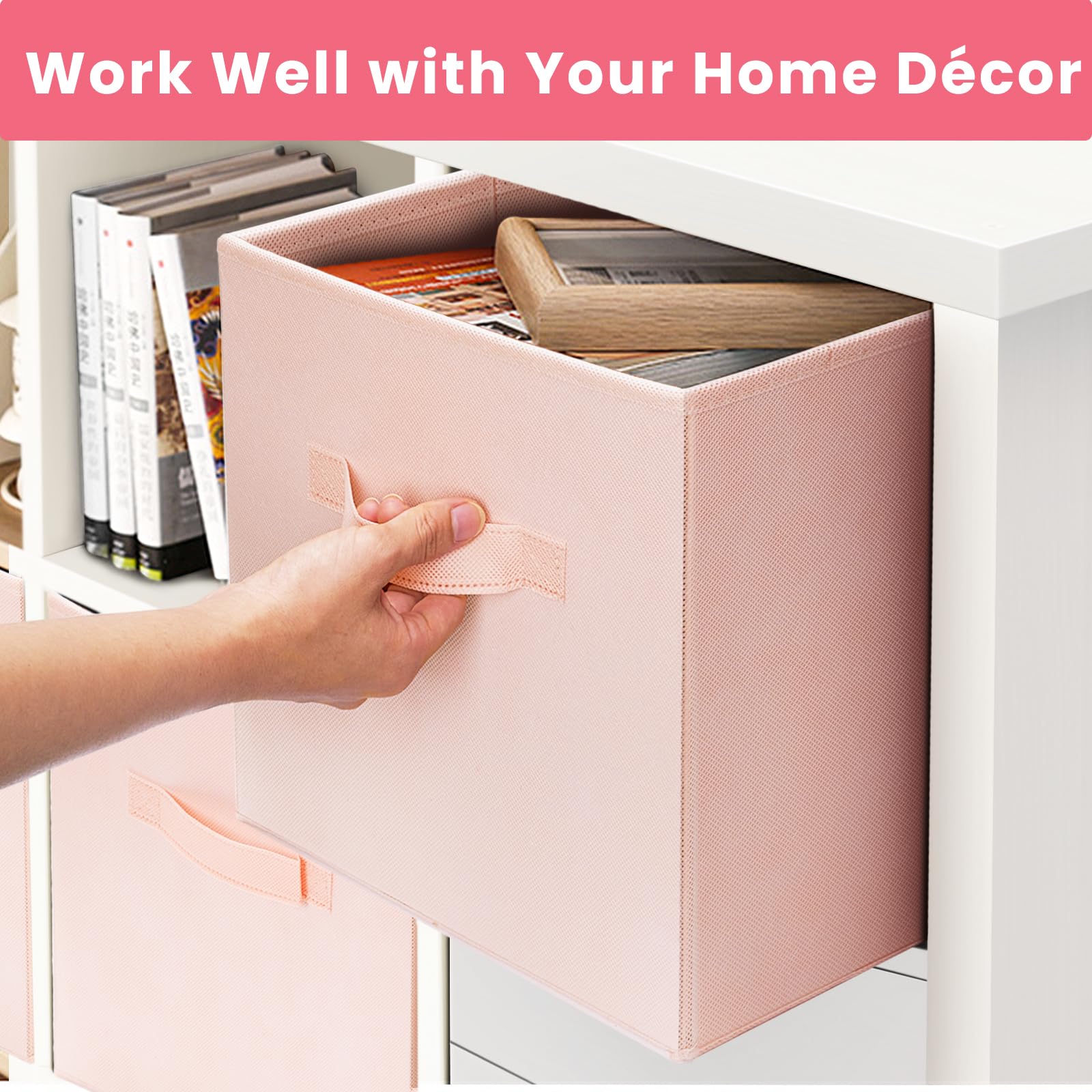 Criusia pink storage cubes organize towels, toys, and linens in a tidy closet.