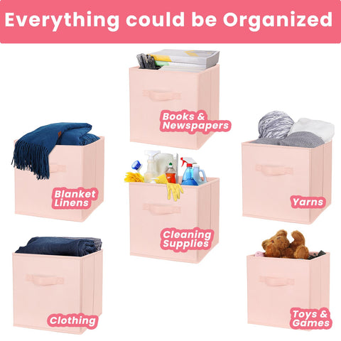 Criusia pink cube bin in a dorm room closet keeping clothes neat and accessible.