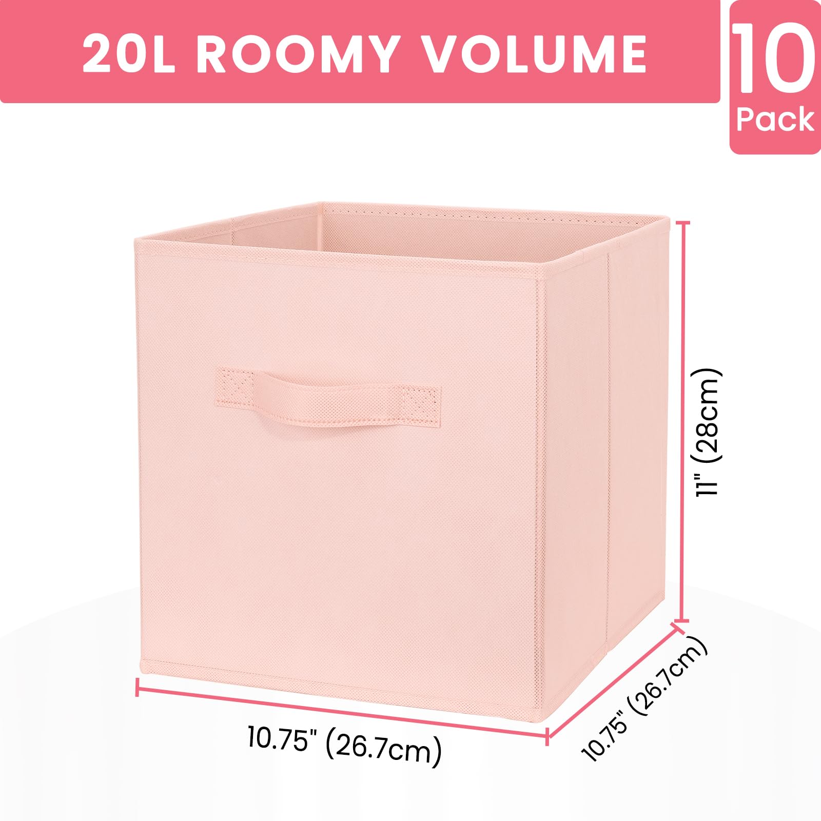 Close-up of Criusia pink cube bin showing reinforced side handles for daily use.