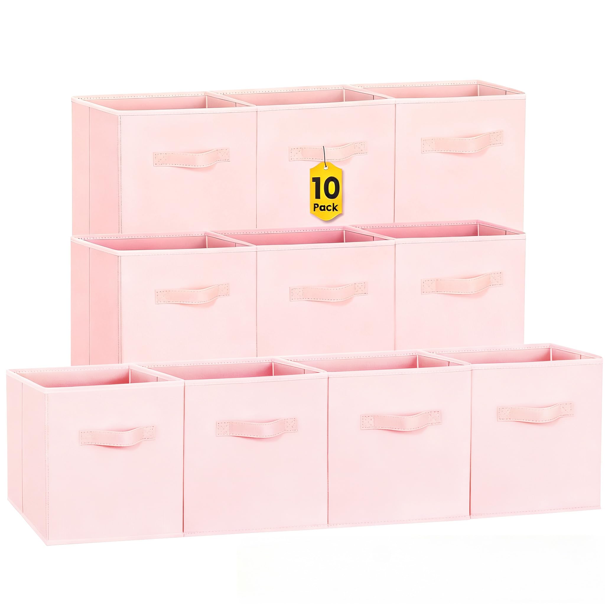 Criusia 11-inch pink storage bin on a shelf with sturdy handles for easy access.