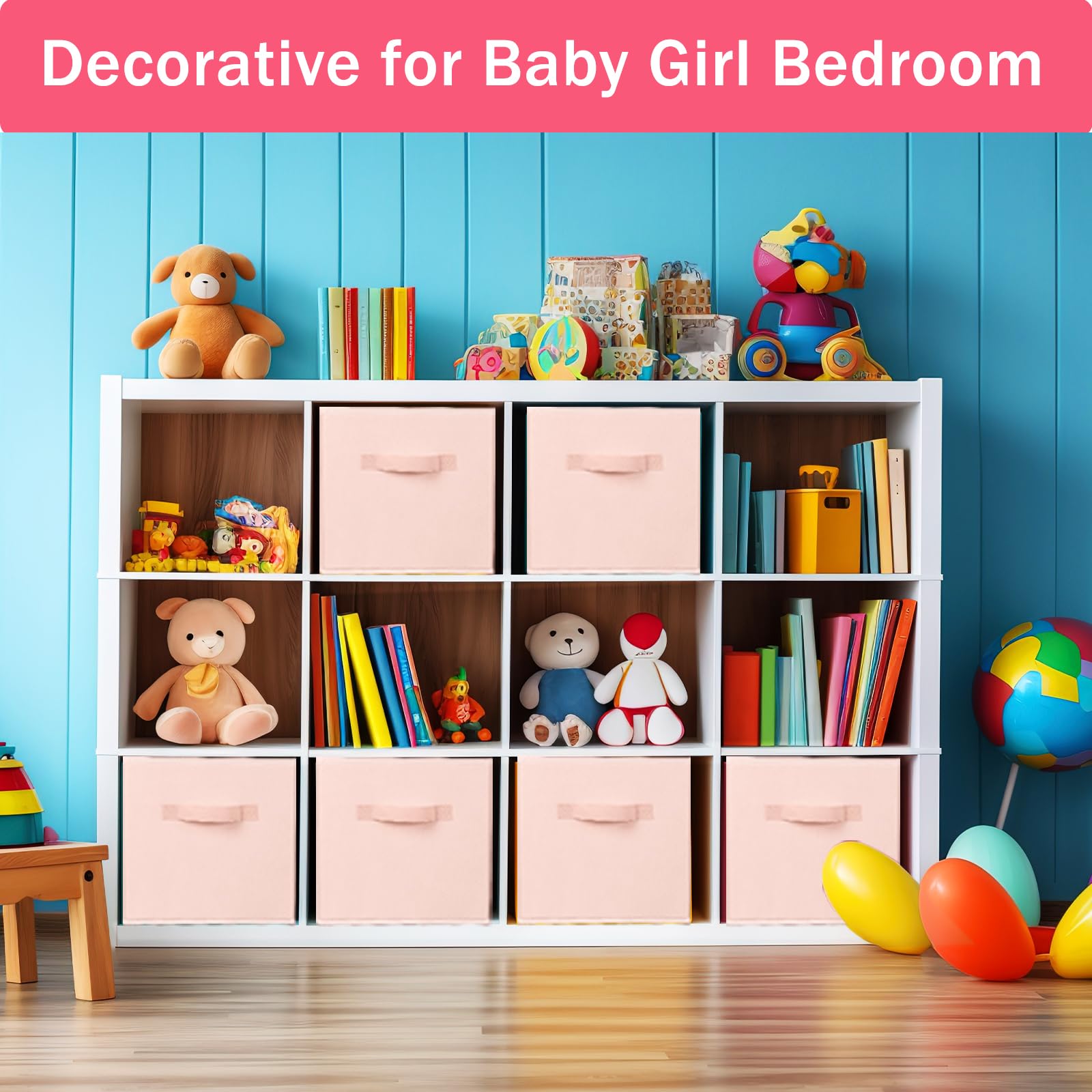 Criusia pink storage cubes stacked to maximize closet organization and display.