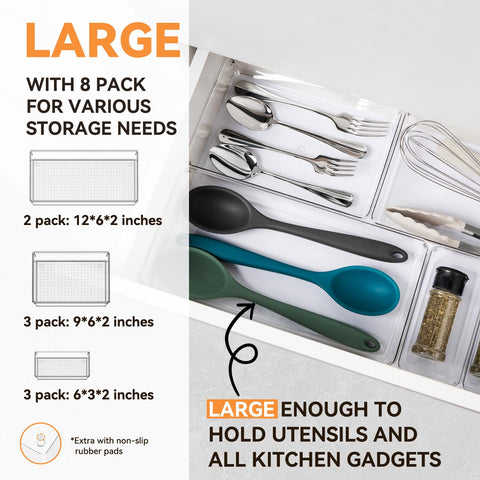 Criusia XL drawer organizer close-up highlighting clear, sturdy PET plastic for durable storage.