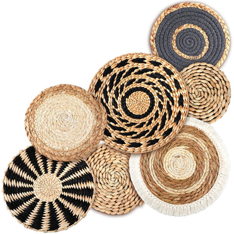CroBlissful seven-piece boho wall baskets set for rustic living room decor.