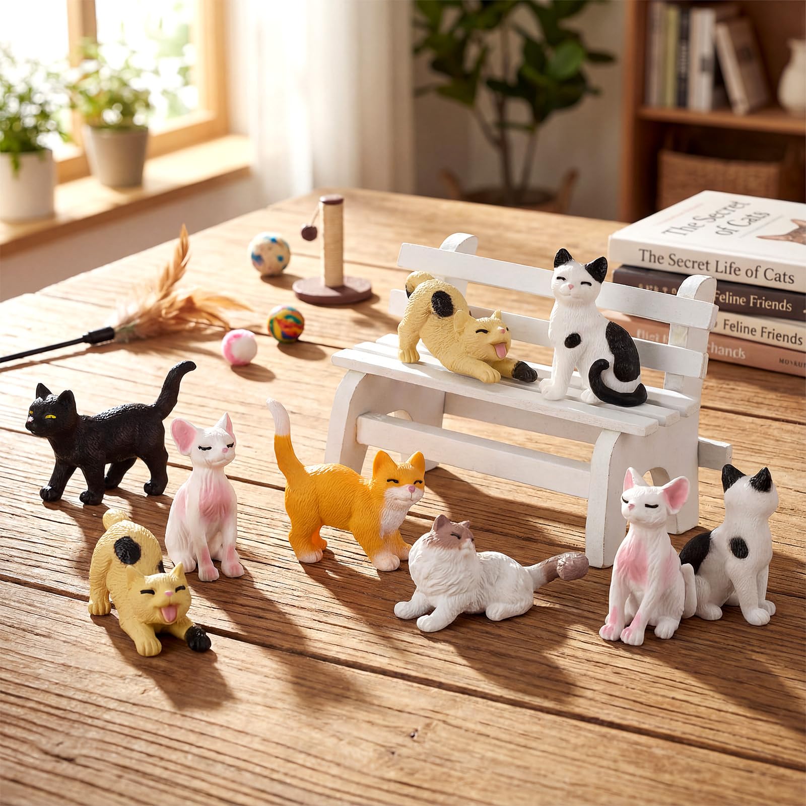 CroBlissful hand-painted cat figurines close-up reveals delicate facial expressions and textures.