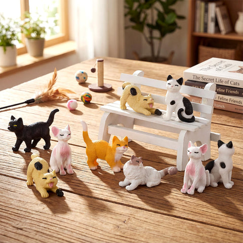 CroBlissful hand-painted cat figurines close-up reveals delicate facial expressions and textures.