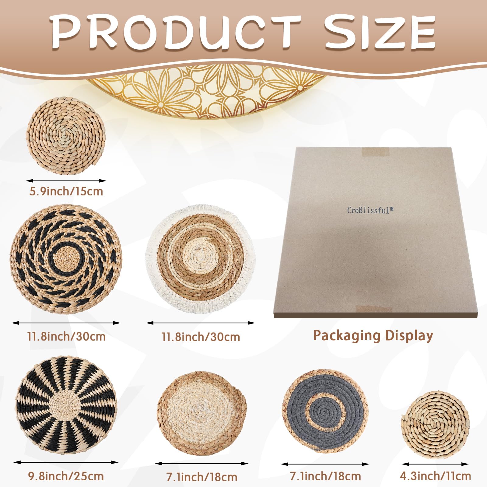 CroBlissful seagrass woven baskets in varied sizes for versatile wall accents.