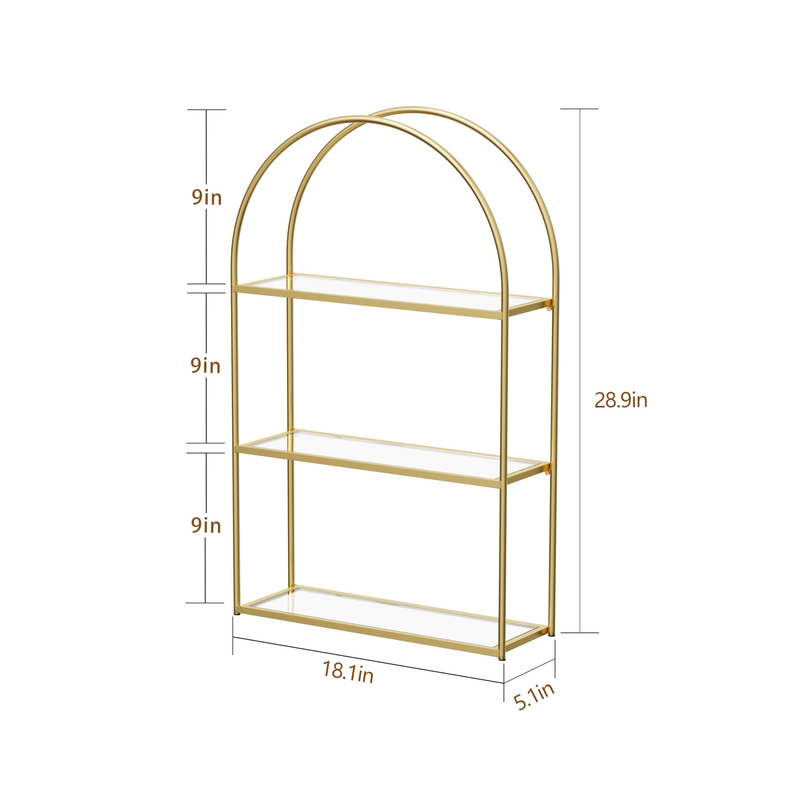 Crofy tempered glass shelves on gold frame provide clear display and organized storage