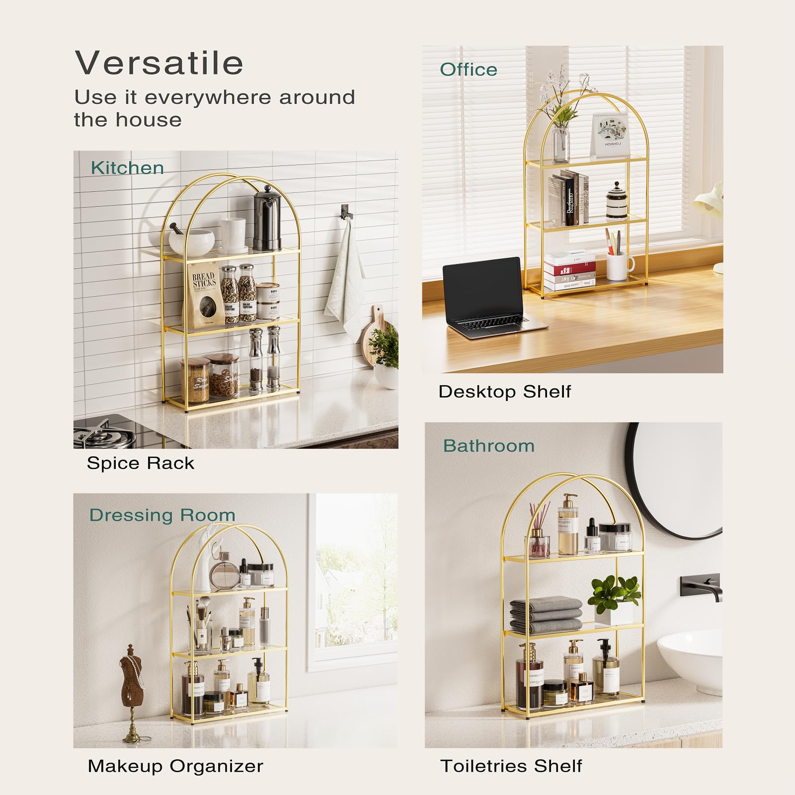 Crofy gold arched frame shelf supports daily items and small plants with elegant display