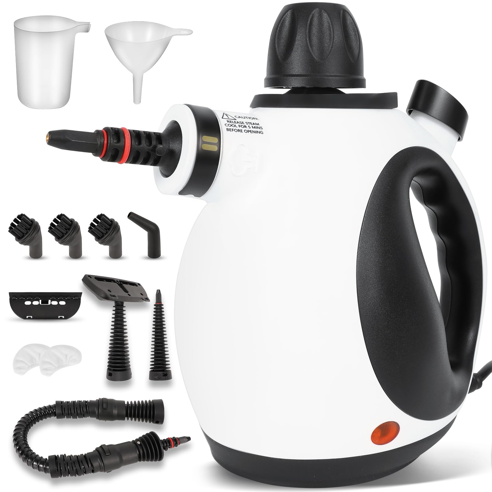 Crossing River pressurized steam cleaner front view showing compact handheld design for tight spaces