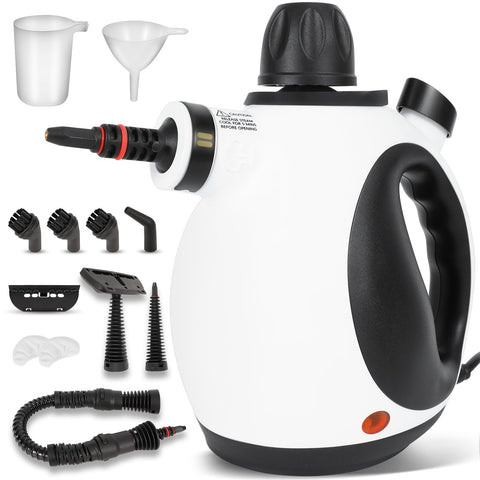Crossing River pressurized steam cleaner front view showing compact handheld design for tight spaces