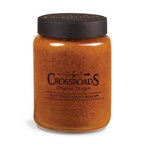 Crossroads Buttered Maple Syrup 2-Wick Candle in a 26oz jar delivers rich aroma.