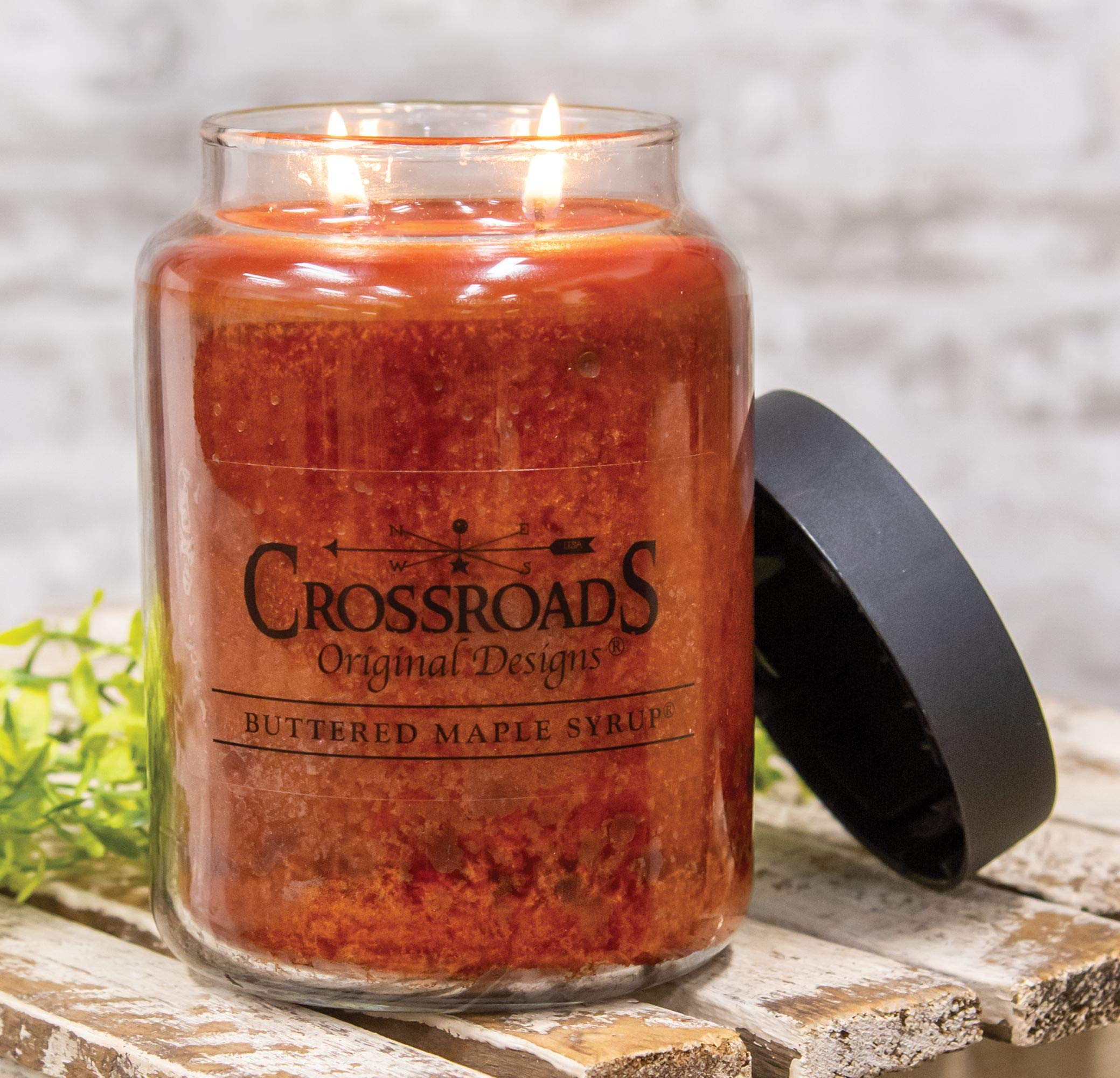 Close-up of Crossroads Buttered Maple Syrup candle showing clean-burning wax for lasting scent.