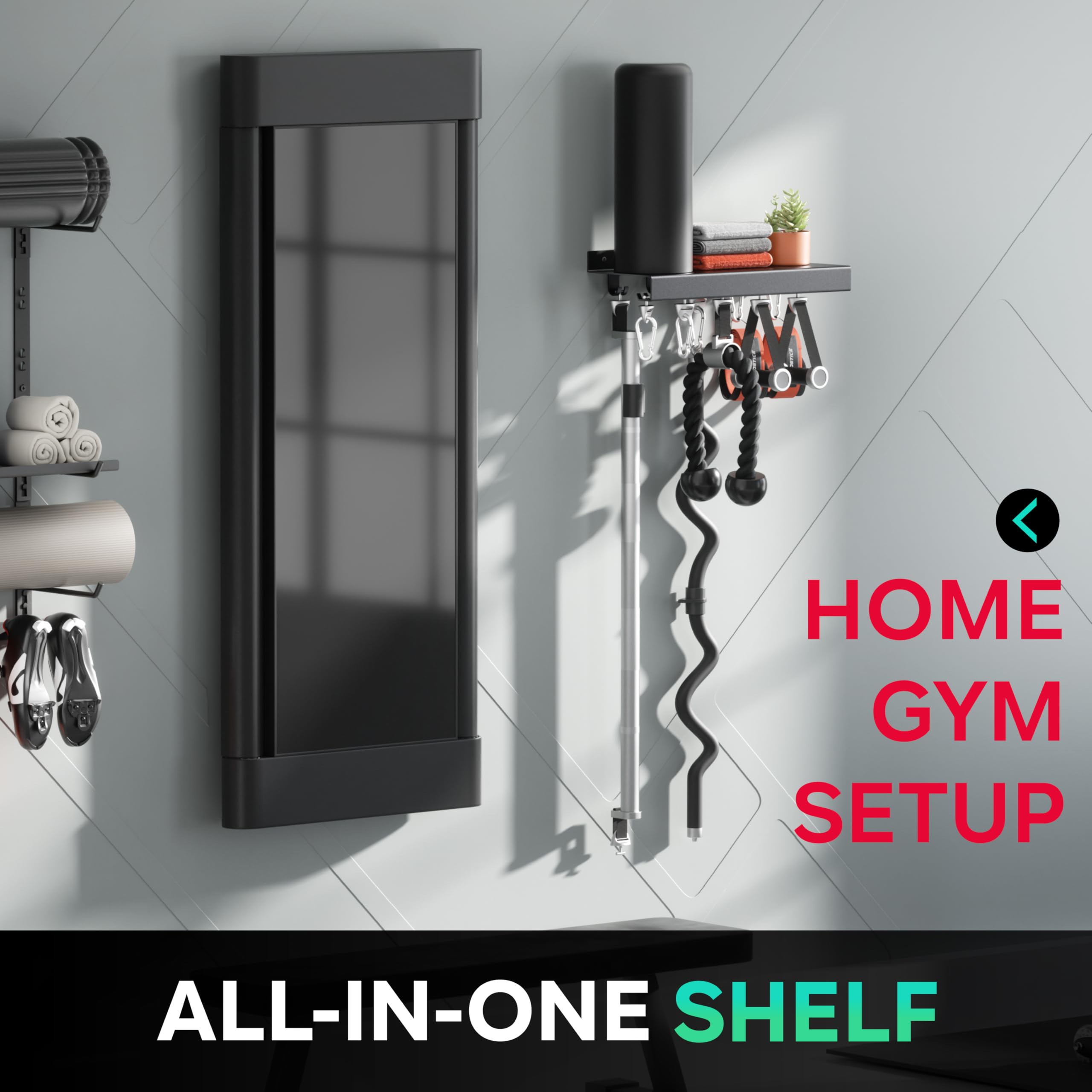 Crostice floating shelf organizer mounted on wall for easy access to gear.