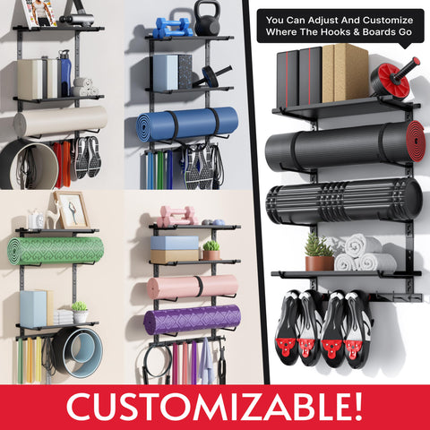Crostice adjustable holders highlight flexible spacing for gear and workout accessories.