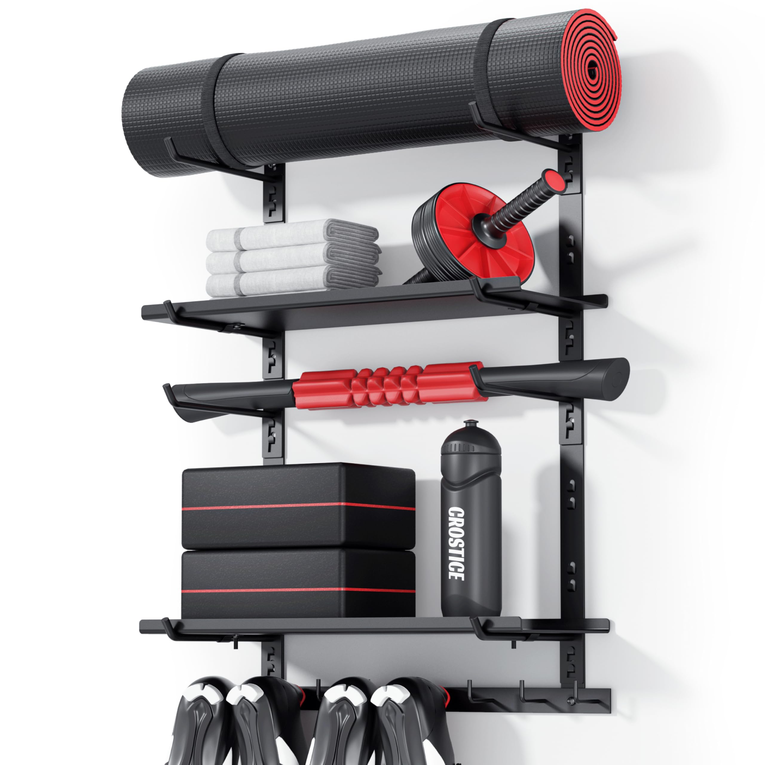 Crostice Home Gym Storage Shelf with boards setup for organized shoes and mats.