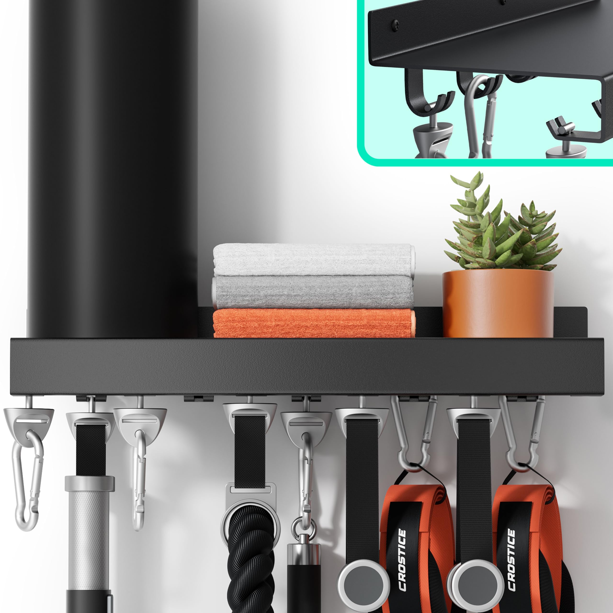 Crostice metal shelf showing Tonal compatibility for organized home gym.