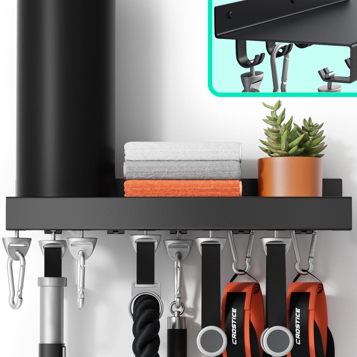 Crostice metal shelf showing Tonal compatibility for organized home gym.
