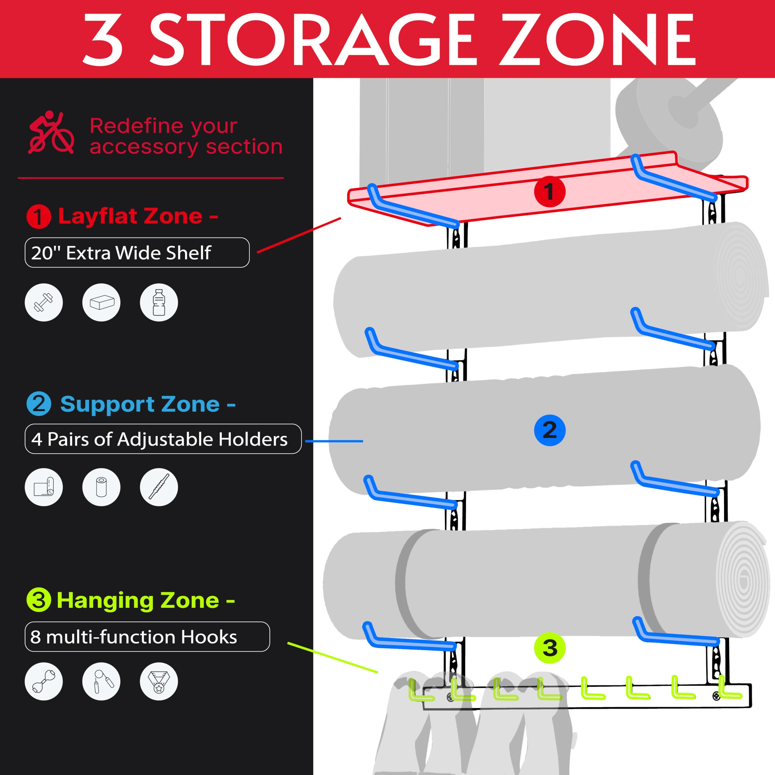 Crostice adjustable holders on the wall-mounted shelf allow customizable gear placement